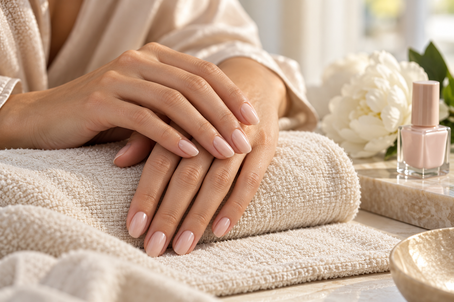 Nude pink manicure on an ivory linen towel